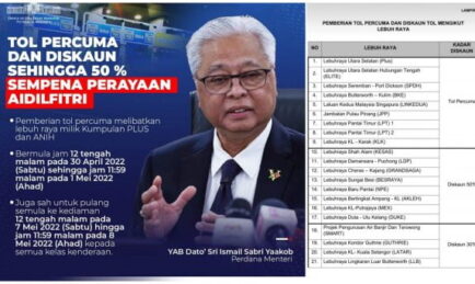 Tol Percuma Sempena Aidilfitri 2022